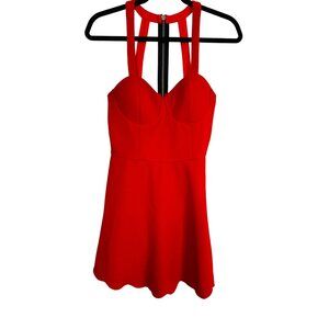 2/$30 Material Girl Cherry Red Large Halter Style Scalloped Hemline & Built-In B